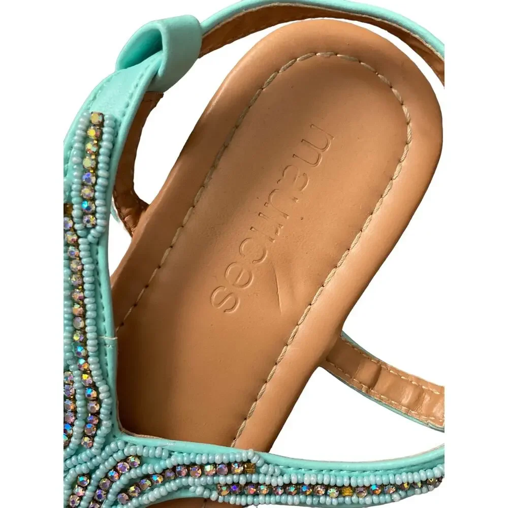 Maurices Sandals Womens Size 7 Sea Green Beaded Thong Ankle Strap Flats Shoes